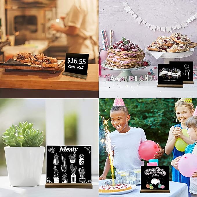12 Pack Mini Tabletop Chalkboard Sign with Base Stand, 5 X 6 Inch Vintage Wooden, Ideal for Table Numbers, Food Signs, Message Boards, Party Decorations, Event Supplies