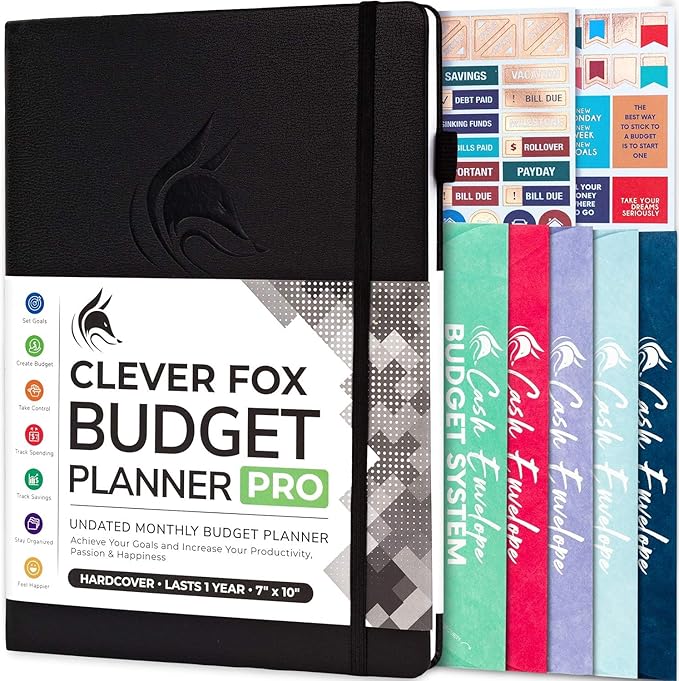 Clever Fox Budget Planner Pro - Financial Organizer + Cash Envelope Budget System. Monthly Finance Journal, Expense Tracker & Personal Account Book. Undated - Start Anytime. (7''x10'') – Black
