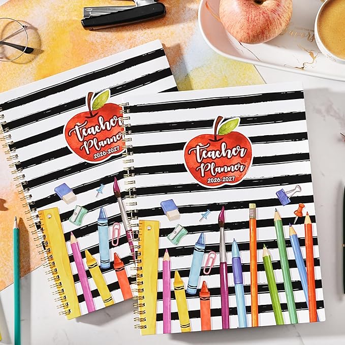 Teacher Planner 2026-2027 - Lesson Planner, Jul. 2026 - Jun. 2027, 8.5" x 11", Planner 2026-2027, Teacher Lesson Planner, Twin-wire Binding, Inner Pocket - Apple and Pencil