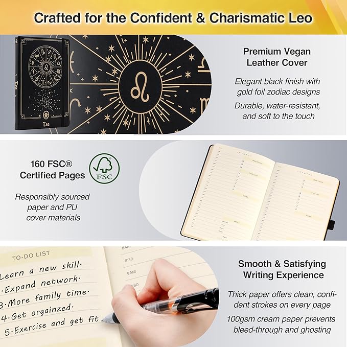 AuroPlanner Leo Zodiac Undated Planner – Monthly Weekly Daily Astrology Portable Journal Notebook, A5 (5.8” × 8.3”), 160 Pages 4-Month Layout, 100 GSM Paper