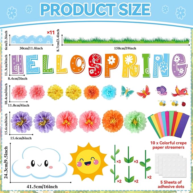 Spring Classroom Bulletin Board Decorations 3D Hello Spring Cutouts Floral Bulletin Board Set Flower Paper Pom Poms Craft for School Classroom Office Chalkboard Wall Door Decor Supplies
