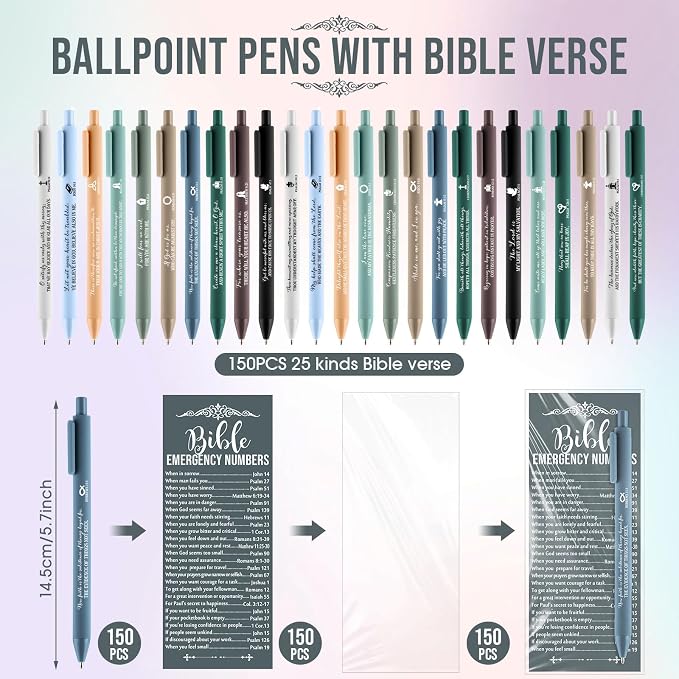 Feifeiya 150 Set Christian Fathers Day Church Gifts Bulk Pentecost Pastor Clergy Religious Pens Bible Verse Party Favor Emergency Number Bookmark Card for Sunday School Pastor(Boho,Christian)