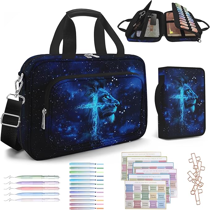 Lion Cross Large Bible Cover Case for Men Boys, Bible Bag for Men Organizer with Strap & Handle Zipper Pocket, Bible Study Supplies Journaling Kit with Pens Highlighters Tabs Christian Gift