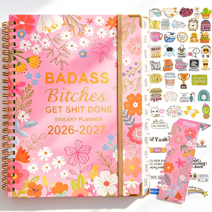 Badass Bitches Get Shit Done Sweary A5 Planner 2026-2027 - 6.2*8.5" Weekly Monthly You Are A Badass Calendar for Women, Fuck It Swear Daily Notebook Goals Productivity Journal Affirmations Gift, Pink