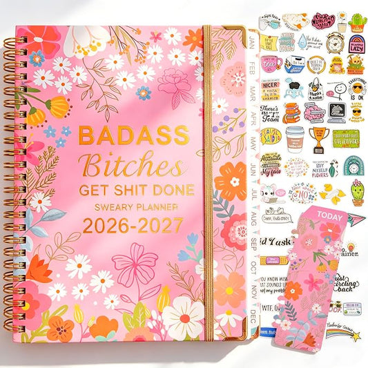 Badass Bitches Get Shit Done Sweary A5 Planner 2026-2027 - 6.2*8.5" Weekly Monthly You Are A Badass Calendar for Women, Fuck It Swear Daily Notebook Goals Productivity Journal Affirmations Gift, Pink