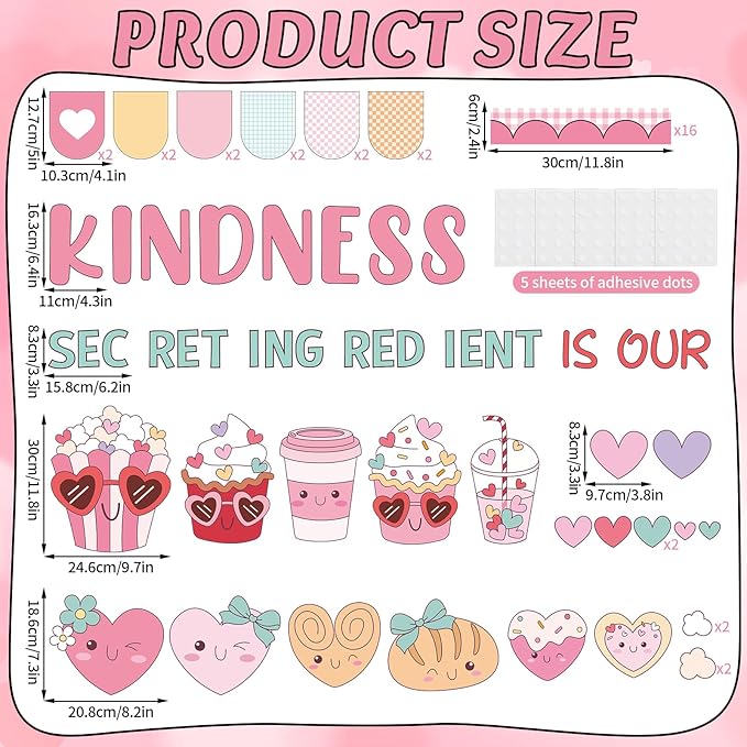 Valentine's Day Bulletin Board Decoration Set Valentines Kindness Classroom Decoration Colorful Heart Coffee Cup Cookies Cutouts for Valentines School Classroom Chalkboard Wall Decor Party Supplies