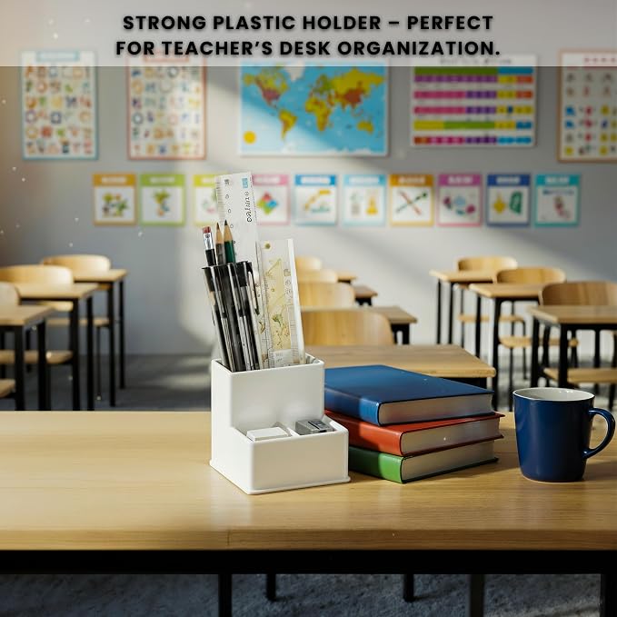 White Pencil Holder for Desk | 3 Compartment Organizer Square Pencil Holder | Sharp and Dull Pencil Holders for Office, Meeting Room, Reception | Office Desk Accessories Organization and Storage