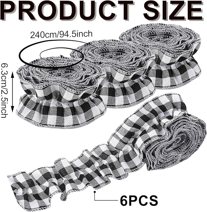 6 Rolls Ruffled Bulletin Board Borders for Classroom Decor Farmhouse Classroom Decor Burlap Bulletin Borders DIY Border Trims Crafts Classroom Home Decor (White Black Buffalo Plaid,2.5 x 94.5 Inch)