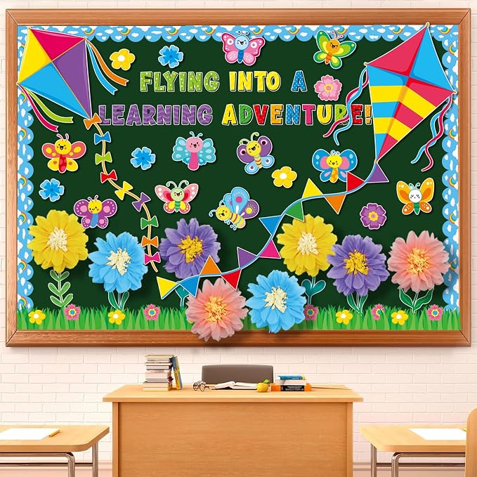 109 PCS Spring Bulletin Board Decorations Set Spring Flower Kite Cutouts with 3D Tissue Paper Pompoms Back to School Classroom Decor Colorful Floral Butterfly Decor for School Office Home Wall Supply