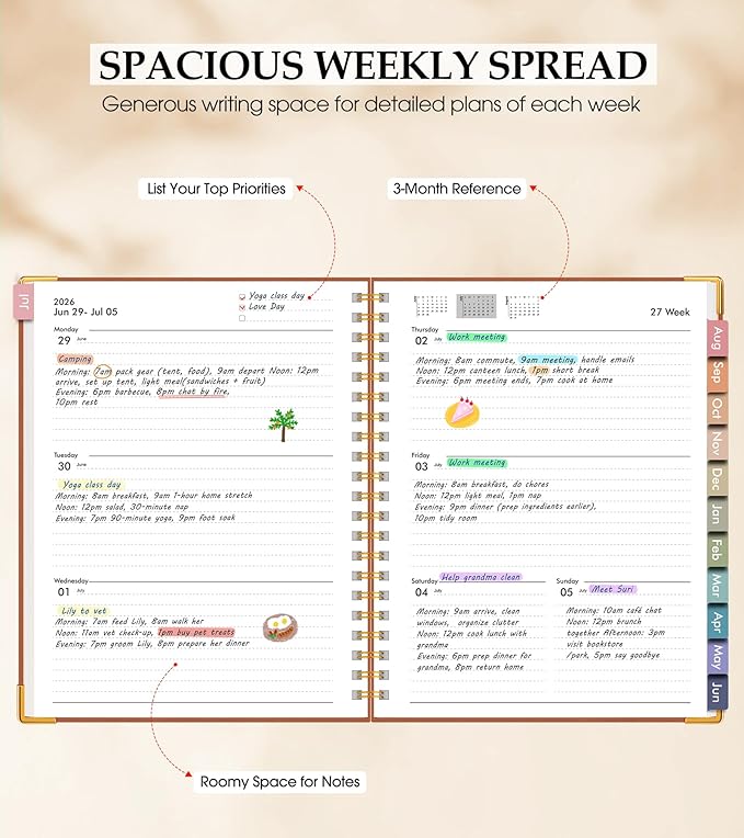 Academic Planner 2026-2027, Hardcover Leather Weekly and Monthly Calendar Planner from July 2026 - June 2027, A5 6.1" x 8.2" Daily Agenda with Tabs, College School Organizer for Student Teacher, Brown
