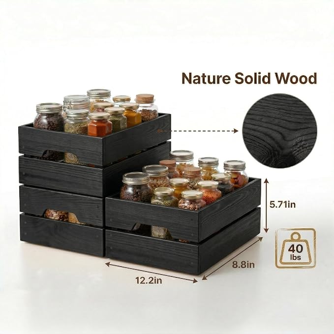 WOPITUES Wooden Crate,Wood Crates for Storage,Stackable Storage Bins and Pantry Organizers with Handles,Pantry Baskets,Wooden Box for Pantry,Kitchen,Garden,Garage,Display, Black