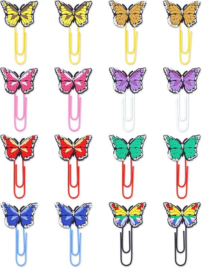 16 Pcs Cute Bookmark Paper Clips Cartoon Silicone Bookmarks with Colorful Paperclips for Kids School Teacher Office Supply Student Stationery (Butterfly Style)