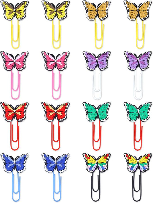 16 Pcs Cute Bookmark Paper Clips Cartoon Silicone Bookmarks with Colorful Paperclips for Kids School Teacher Office Supply Student Stationery (Butterfly Style)