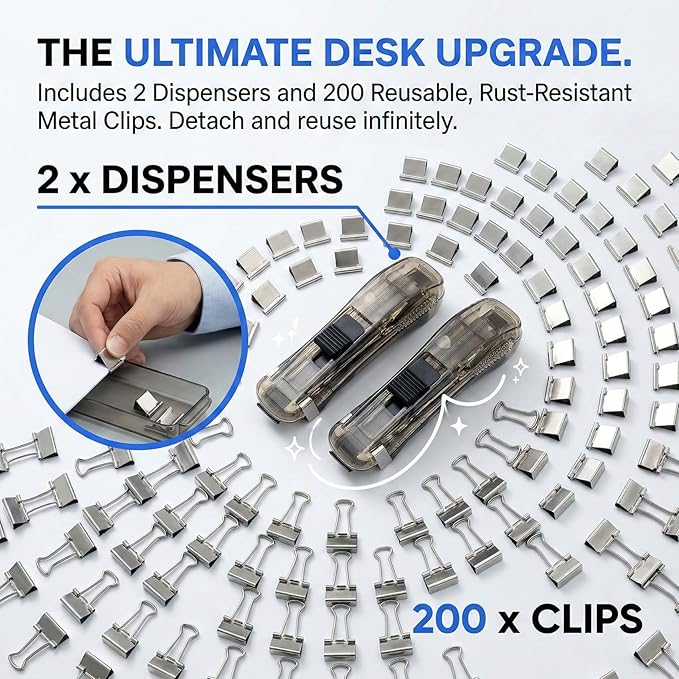 2 Pack Portable Binder Clip Stapler - Damage-Free Paper Clam Clip Dispenser with 200 Reusable Metal Clips, One-Hand Push Fastener Holds 40 Sheets for Office, School & Desk Organization, (Pink)