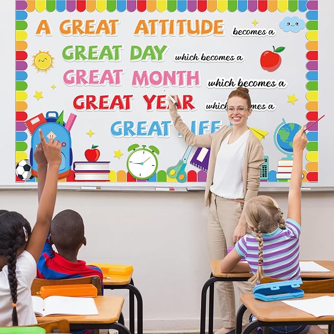 gisgfim Growth Mindset Bulletin Board Decorations Set Back to School Positive Educational Sayings Classroom Great Attitude Day Month Year Life Paper Cutouts Bulletin Board Decor for Chalkboard Wall
