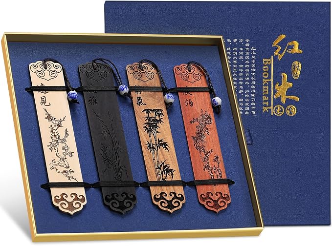 Outus 4 Pieces Wooden Bookmarks for Men Women Employee Father's Day Appreciation Gifts for Men Back to School Gifts Vintage Handmade Natural Carving for Book Lovers Birthday(Vintage Style)