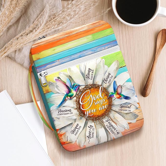 God Says You Are Bible Cover for Women with Handle and Zipper Pocket, Inspirational Canvas Bible Case with Hummingbird and Daisy Design, Fits Standard Size Bible, Christian Gift for Girls