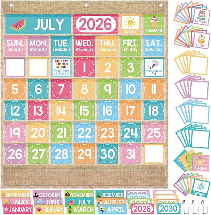 Sinload Classroom Calendar Pocket Chart Set Calendar Bulletin Board Set Seasons Festival Weather Pocket Chart for Classroom Decoration Back to School Supplies(Pastel,Linen Color)