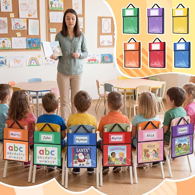 Teling 12 Pack 11 x 14 Inch Clear Book Pouches with Handles and Name Tags, Heavy Duty Reusable Library Book Bags for Classroom, Students Kids and Teacher Supplies (Colorful)