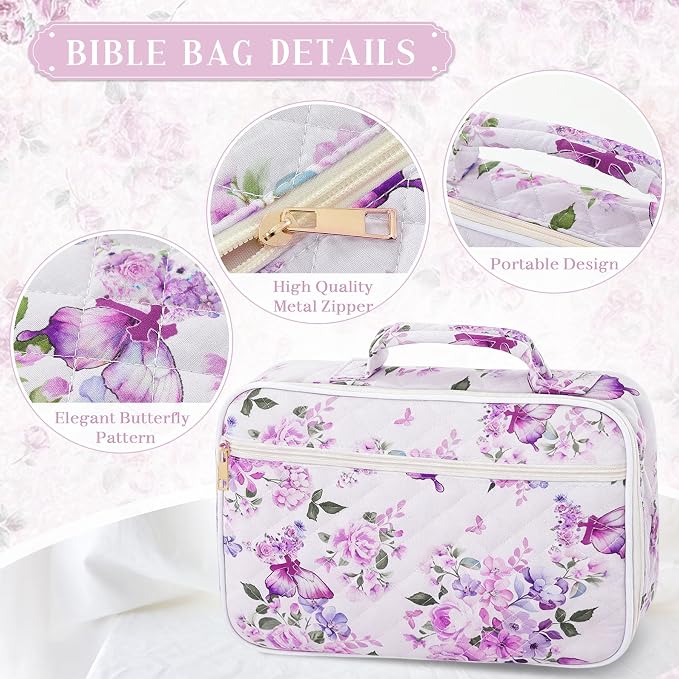 ACOCO Bible Cover Case for Women, All-in-One Bible Study Supplies with Shoulder Strap, Butterfly Floral Quilted Bible Bag with Pens Tabs Ruler, Christian Gifts for Women, Mom, Grandma & Daughter