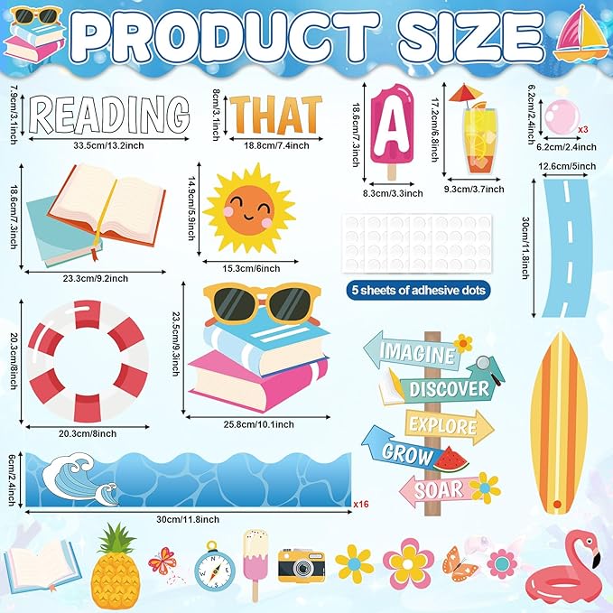 Summer Reading Bulletin Board Set Reading is an Adventure Bulletin Board Decoration Colorful Flamingo Watermelon Books Cutouts for Summer Back to School Library Home Chalkboard Wall Decor