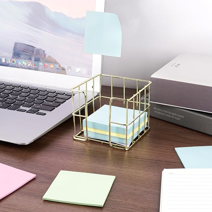 Gold Sticky Note Holder for Desk, 3x3 Metal Wire Memo Pad Dispenser, Cute Square Post Note Cube Organizer, Office Desk Accessories for Women (3.74 Inch)