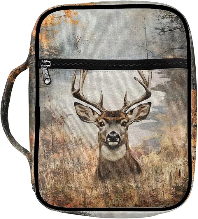 Suobstales Deer Forest Camo Print Bible Cover Carrying Book Case for Women Men Lightweight Bible Bag Bible Protective with Handle and Zippered Pocket