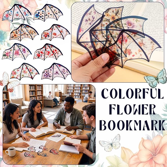 Fuyoooo 48pcs Clear Gothic Bookmark Floral Flower Patterned Bat Dragon Bookmarks Goth Gothic Dark Academia PVC Vintage Flower Book Markers Halloween Book Lover Reader Gift