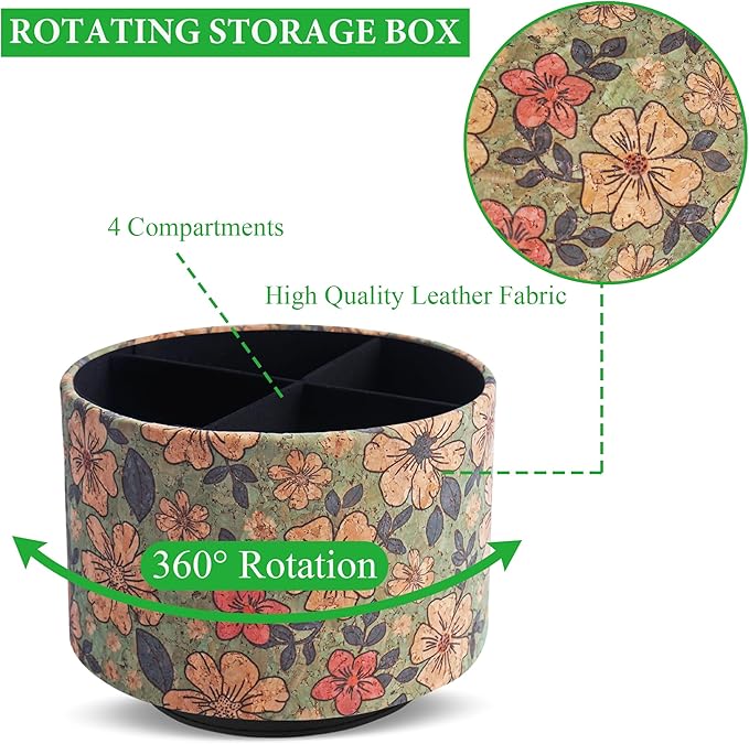 Round Leather Art Supply Organizer,Remote Control Holder,360 Degree Spinning,Multi-Functional Pencil Holder,4 Compartments Desktop Stationary Organizer(1-Wood Leather Green)