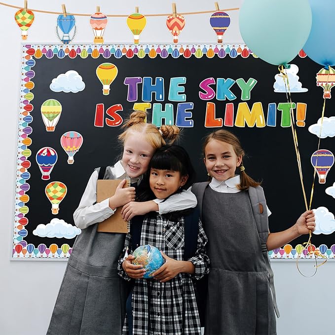 Kepeel Hot Air Balloon Classroom Bulletin Board Decorations with Inspirational Sayings, The Sky is The Limit Art Cutouts for Kids Back to School Kindergarten Classroom Office Nursery Party Supplies