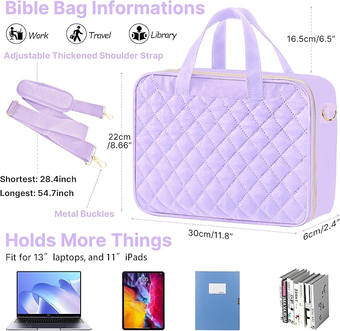 PUGPIU Bible Cover Case for Women, Large Quilted Bible Bag with Shoulder Strap and Handle, Bible Study Supplies Journaling Kit with Highlighters Pens No Bleed Tabs Notebook Cross Clips (Light Purple)