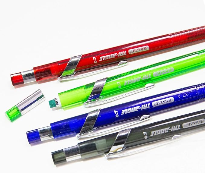 BAZIC PRODUCTS Tri-Angle 0.7mm Mechanical Pencil Soft Grip, Refill 2B Ceramic Pencils Lead, Latex Free Eraser, for Drafting Drawing Sketching, 4-Packs