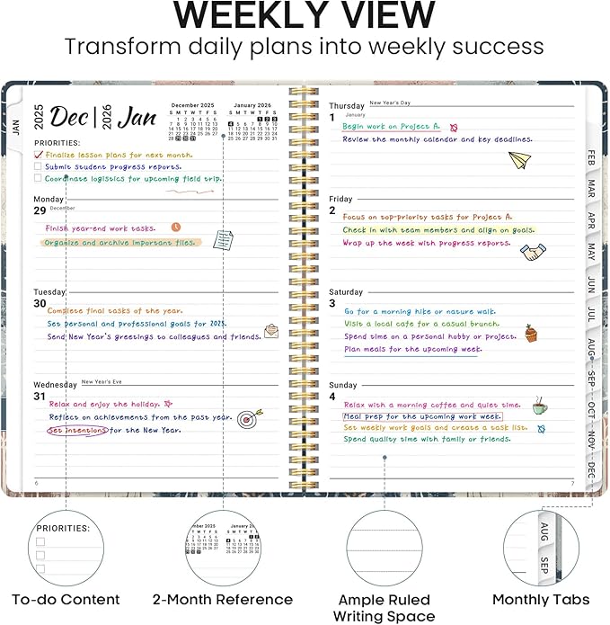 2026 Planner, Weekly and Monthly Calendar Planner Book, January 2026 - December 2026, Hardcover Spiral Planner with Monthly Tabs, Notes Pages, Perfect for Women & Men, A4 (8.5" x 11") - Deer