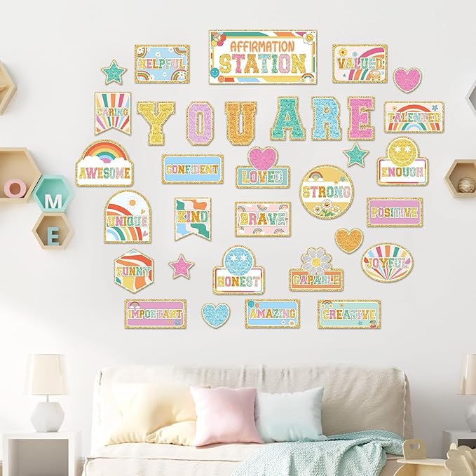 Hippie Retro Groovy Affirmation Station Bulletin Board Set Boho Hippie Motivational Bulletin Board Classroom Decorations Positive Affirmations Station Posters Cutouts for Classroom Wall Mirror Decor