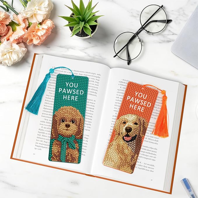 6 Pack Diamond Art Bookmark Kit, Dog Theme with Tassels - Great Gift for Book Lovers and Readers