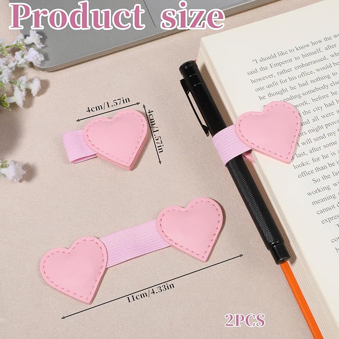 2PCS Magnetic Leather Bookmarks with Pen Clip Heart-Shaped Magnetic Pen Holder Cute Gift for Book Lover Readers Book Accessories for Women Girls Notebooks Journals Calendars Standard (Pink)
