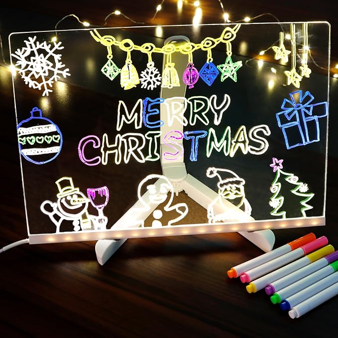 Clear LED Acrylic Dry Erase Board with Light & Stand,7 Color Pens, Light Up Drawing Message Board for Writing Doodle Memo,Desktop Night Light for Home Office School Bar Cafe,Holiday Gift.7.9x7.9in