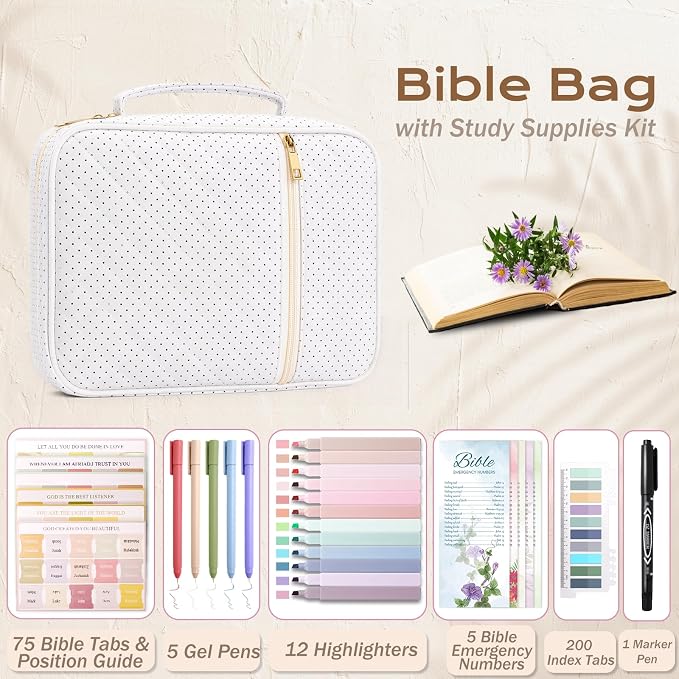 XKDOUS 30 Pcs Bible Cover for Women Quilted Bible Bag w/Handle, Tabs, Study Supplies Bible Journaling Kit Portable Book Carrying Case Christian Gifts for Mother Lady