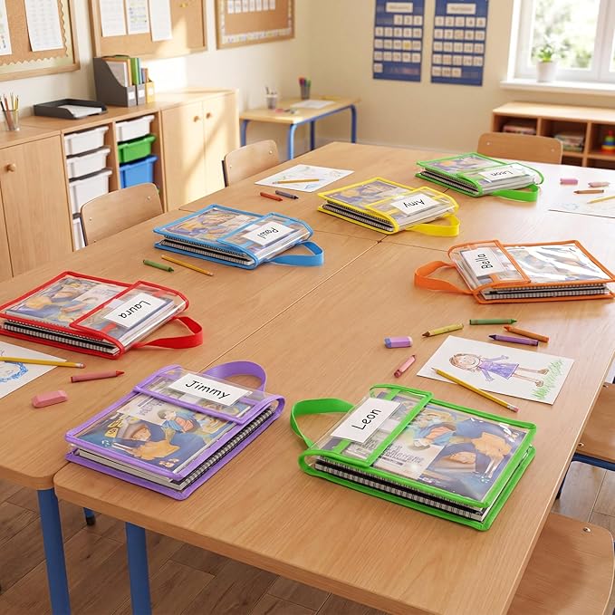 Teling 6 Pack Thick Clear Book Pouches with Blank Name Tags and Handles Book Baggies Bags Bins Organizer for School Classroom Library Pockets Students (10 x 12 Inch,Bright Color)
