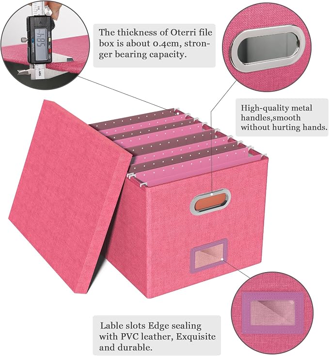 Oterri 2 Pack File Storage Organizer Box,Filing Box,Portable File Box with Lid,Fit for Letter/Legal File Folder Storage,Hot-pink-Box only