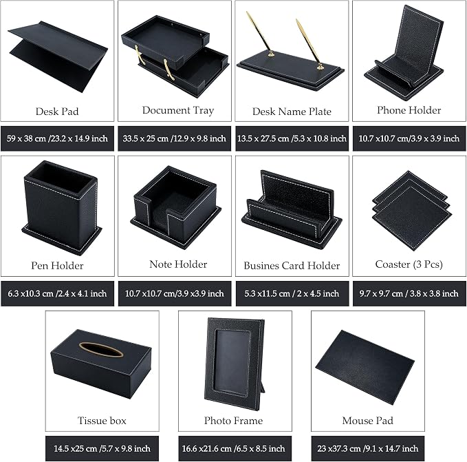 Leather Desk Set, 11-Piece All-in-One – Executive Desk Accessories & Office Supplies, Desk Organizer with Desk Pad & Blotter, 2-Tier Letter Tray, Luxury Office Desk Decor & Boss Gifts (Black)