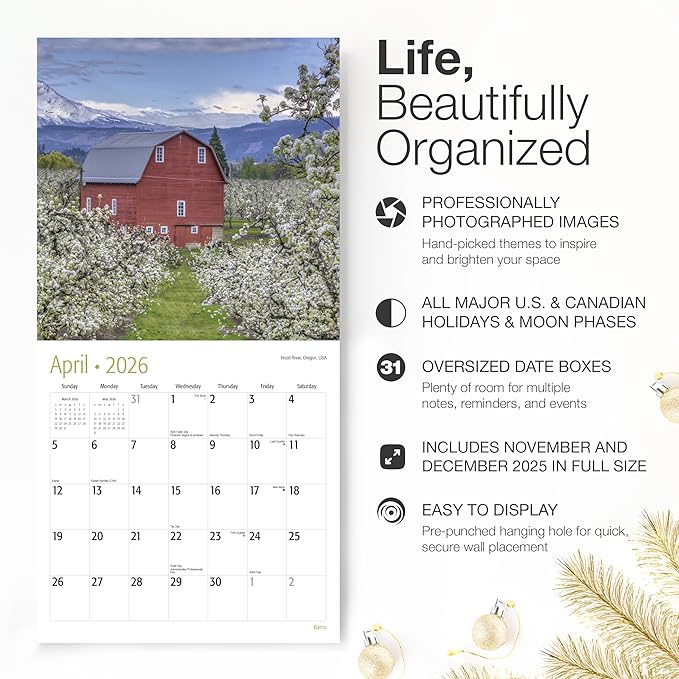 RED EMBER Select - Barns 2026 Wall Calendar 12 Month | 12" x 24" Open | Thick & Sturdy Paper | Giftable | Farm Calendar 2026