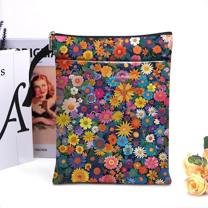 FOURTH WING Book Cover, Floral Pattern, Multicolor, Cotton, Zipper Closure, Book Sleeve for Paperbacks and Hardcovers, with Front Pocket and Zipper, Gift for Book Lovers