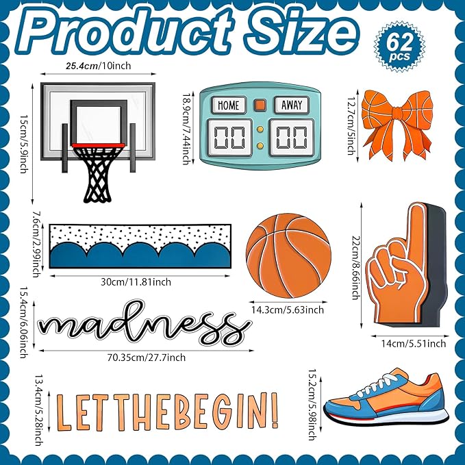 Tenceur 62 Pcs Basketball Bulletin Board Set Classroom Door Decoration Kit with ''let The Madness Begin'' Letters, Basketball Hoop, Scoreboard, and Sports Cutouts, Includes 100 Glue Stickers