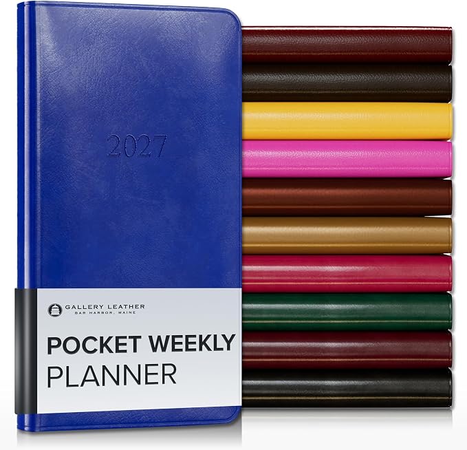 Gallery Leather Pocket Weekly Monthly Planner 2027, Elegantly Bound Calendar Planner and Notebook with Stylish Gold-Gilded Page Edges, 12 Months - Acadia Malibu - 6x3.25"