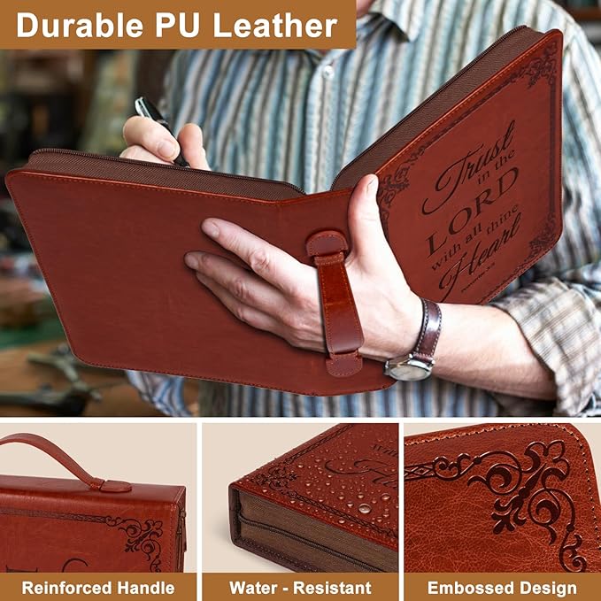Extra Large Bible Cover Case for Men Women, Mens Bible Covers Cases Leather Bible Cover Carrying Case for Women Men with Handle Zippered Bible Book Cover Holder Bag Case (Brown, XL)