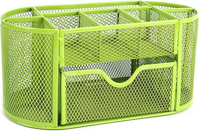 VANRA Metal Mesh Desk Supply Caddy Desktop Office Supplies Organizer Supply Holder 8 Compartments with Drawer (Green)