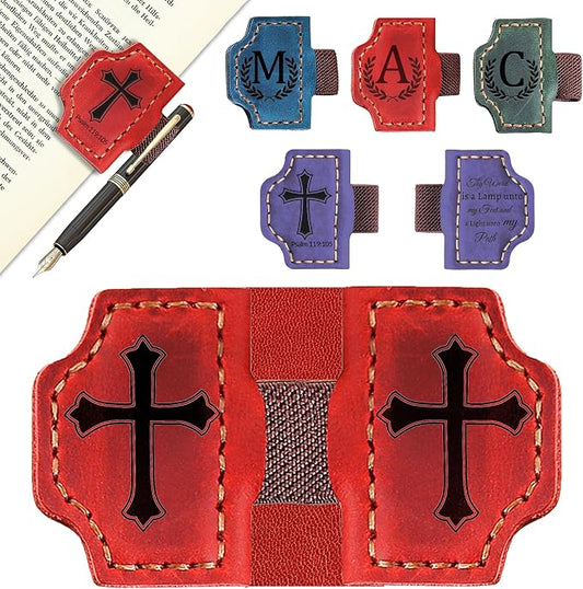 Custom Magnetic Bookmarks with Pen Holder, Personalized 26 Letters Name Initial Leather Bookmark, Leather Book Mark for Men Women Teachers, Readers Book Lovers Gifts (Red, Cross)