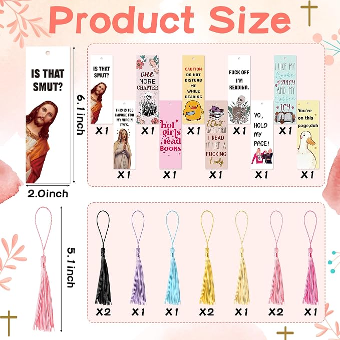 10Pcs Funny Bookmarks with Tassel for Reading Reader Gift, Cute Funny Book Marks for Women Men Christian Paper Bookmark Page Makers for Students Teachers Christmas Bookish Gifts for Book Lovers