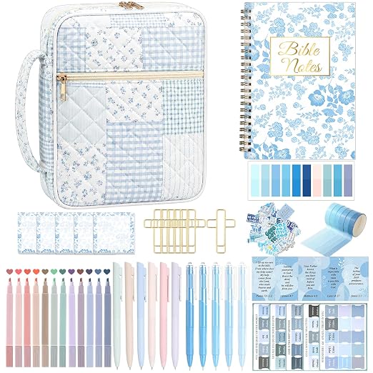 Capoda Bible Cover Case for Women, Bible Tote Bibles Study Supplies with Notebook Highlighters Ballpoint Pen Sticky Notes Scripture Card for Mother's Day Christian Gifts Women Mom Girls(Patch,Blue)